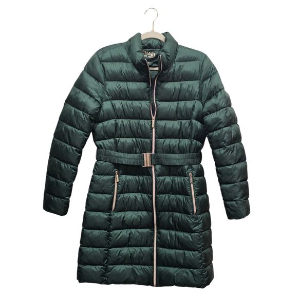 Michael Kors Green Longline Belted Puffer Coat Removable Faux Fur Collar Size M - Picture 2 of 16